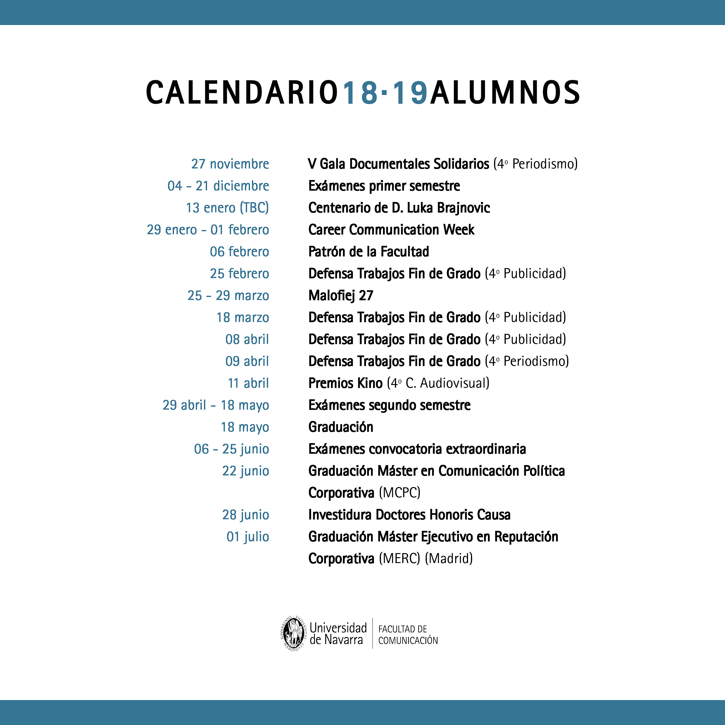 Calendario. Alumnos. Facultad de Comunicación. Universidad de Navarra