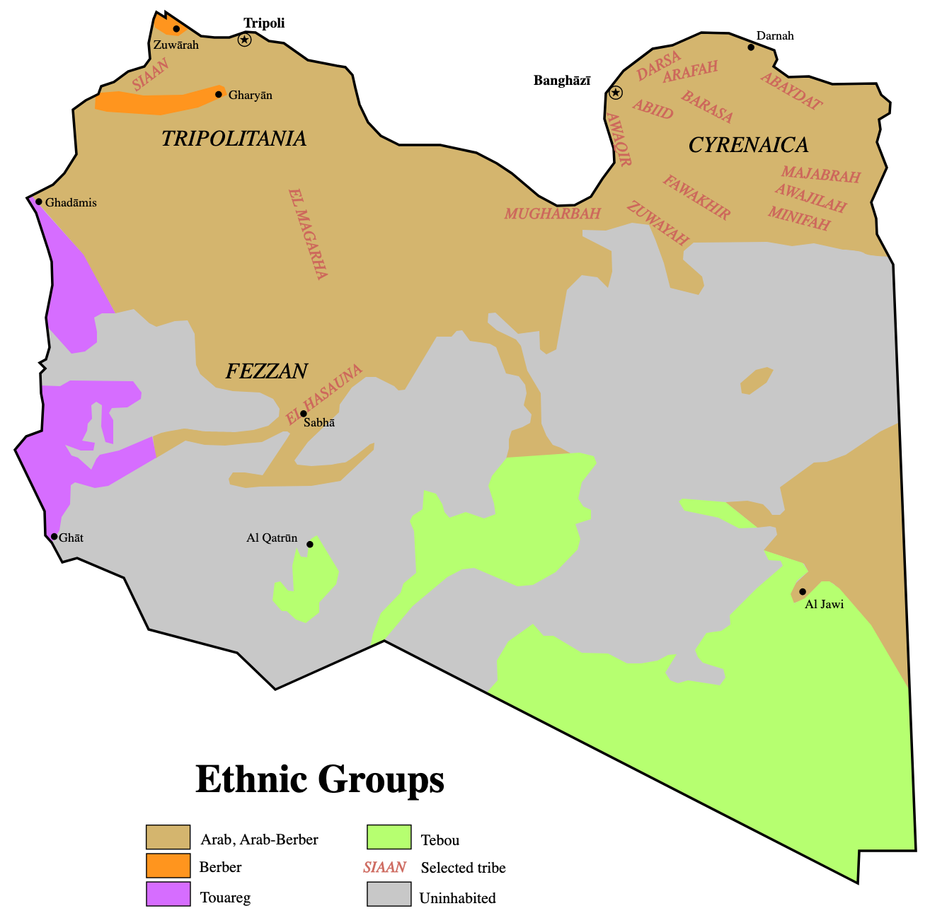 Distribución geográfica de etnias en Libia [Wikipedia]