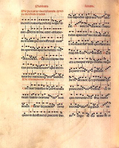 Missale Pampilonensis (p. 184). Notación gregoriana con una pauta para la liturgia del Sábado Santo (Biblioteca Navarra Digital).